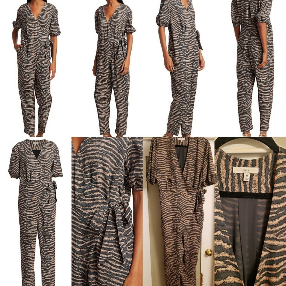 NWOT ❤ JOIE Prisha Puff Sleeve Animal Print Jumpsuit w/pockets sz Medium